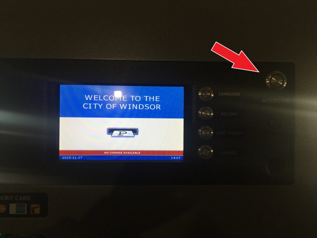 Press the Intercom button when arriving at the parking garage payment gate. Photo by Shaughnessy Ross.